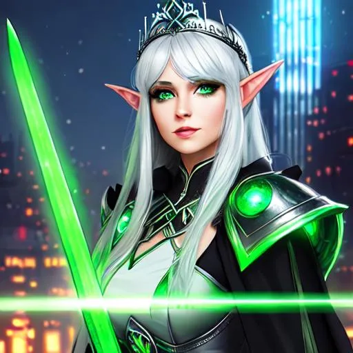 Prompt: Portrait of beautiful elf queen, silver hair, green emerald eyes,  maid dress, scythe weapon, cyberpunk style city, glowing city, glowing building lights, 