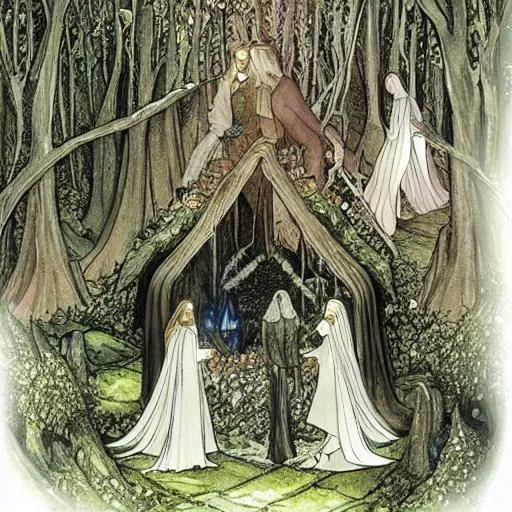 Prompt: Aragorn and Arwen married with children in Lothlorien with other elves and humanbeings accompanying them