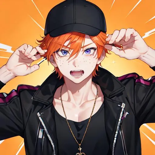 Prompt: Erikku male (short ginger hair, freckles, right eye blue left eye purple) muscular, UHD, 8K, Highly detailed, insane detail, best quality, high quality. hands in the air, wearing a sideways baseball cap, black jacket, black shorts, streetwear