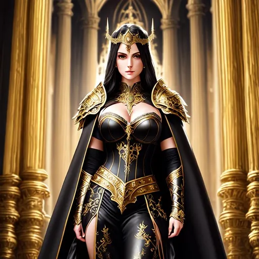 Prompt: oil painting of young female warrior wearing revealing ornate black steel armor standing in ancient cathedral,
gold armor details,
long black cape,
deep cleavage,
movie scene,
medium shot,
UHD