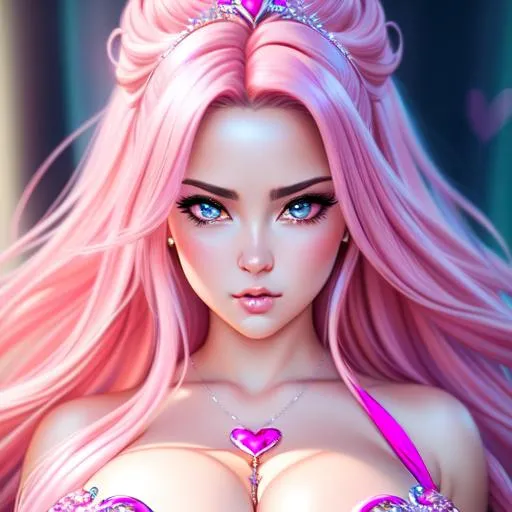 Prompt: Hyper realistic detailed full body image of feminine ((sexy woman)) who has ((pink heart shaped eyes)), ((soft pink hair)) with ((sexy cupid 
 outfit)) with plunging neckline, romantic, love, balayage wild hair, angry pouting face expression, highly detailed, digital painting, Trending on artstation, HD quality, ((huge breast)), ((sexy))