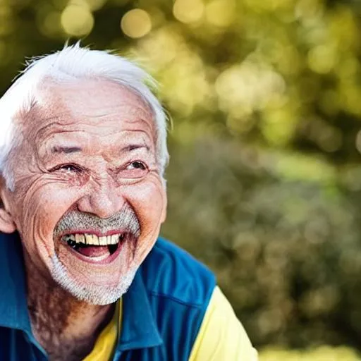 Prompt: elderlycare, old, sport, head, grey, laugh, man, happy