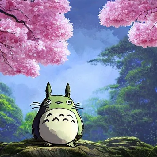 Prompt: Totoro, portrait, highly detailed, digital painting, concept art, sharp focus, illustration, cherry blossom, frog perspective, lake, glare