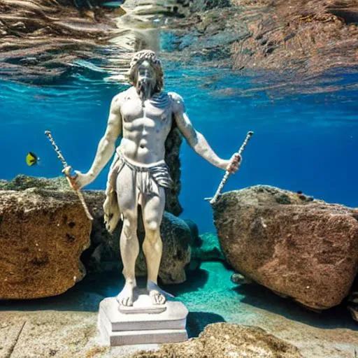 Prompt: statue of poseidon holding a trident, under water around atlantis, roman columns, tropical fish.