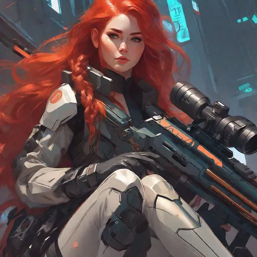 Prompt: a woman with long red hair sitting on the ground holding a sniper rifle, cyberpunk art, by Krenz Cushart, wears a suit of power armor, closeup character portrait, cute detailed digital art, artgerm 