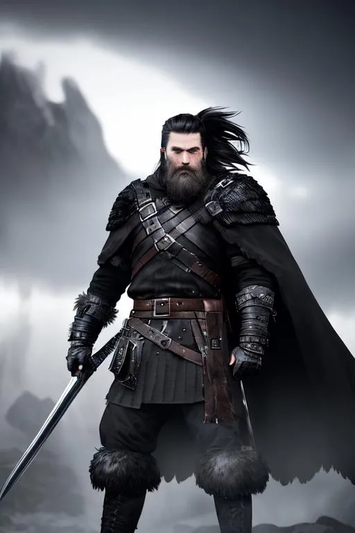 Prompt: Digital Art, a sinister feathered rogue viking man, black helmet, black armor, black gear, black ponytail of hair coming from helmet, black cape, black bracers, black pants, black boots, unreal engine 8k octane, 3d lightning