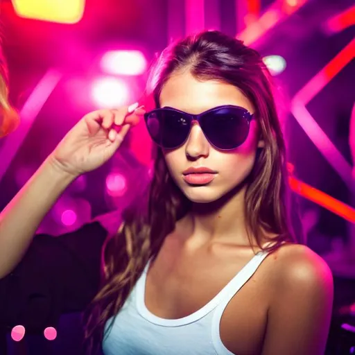 Prompt: Cool girl wearing sunglasses in a nightclub