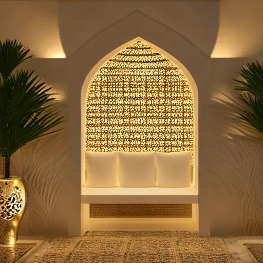 Prompt: Arabic entrance seat with plants and simple decoration soft lighting cheerful look