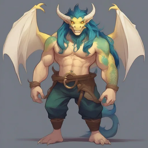 Prompt: dnd a man with long, messy dark blue hair, yellow dragon like eyes, cute smile, long white horns, bluish green scales on his cheeks and neck and chest wearing brown pants and no shirt