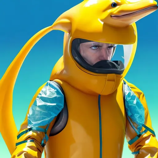Prompt: Dolphin in a yellow hazmat suit, High-res