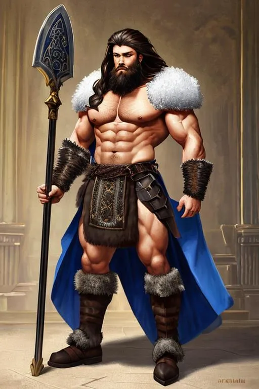 Prompt: oil painting, full body, bare chested strong muscular, male warrior character, has  long dark hair that rests upon his shoulders , a beard and blue eyes wears a long skirt made of bear fur, wears gauntlets and armored boots, he holds a large two handed axe