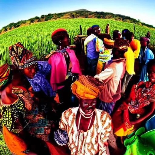 Prompt: People of many cultures. They are all  cultivating crops of a variety of colors. In a field together, fish eye view. All in an African style, mute tones with a world peace vibe. 