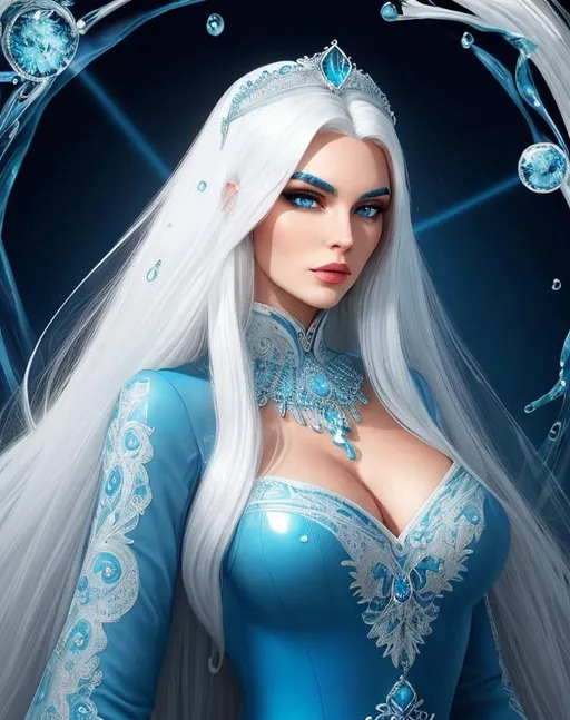 Prompt: A beautiful 25 ft tall 30 year old ((British)) Water elemental Queen with light skin and a beautiful face. She has long white hair with a part in the top and white eyebrows. She wears a beautiful slim blue dress. She has brightly glowing blue eyes and water droplet shaped pupils. She wears a blue tiara on her head. She has a blue aura around her. She is standing in a blue throne room looking at you. Beautiful scene art. Scenic view. Portrait art. {{{{high quality art}}}} ((goddess)). Illustration. Concept art. Symmetrical face. Digital. Perfectly drawn. A cool background. Five fingers. Full body view. No portrait. No black background. Front view. Full body view