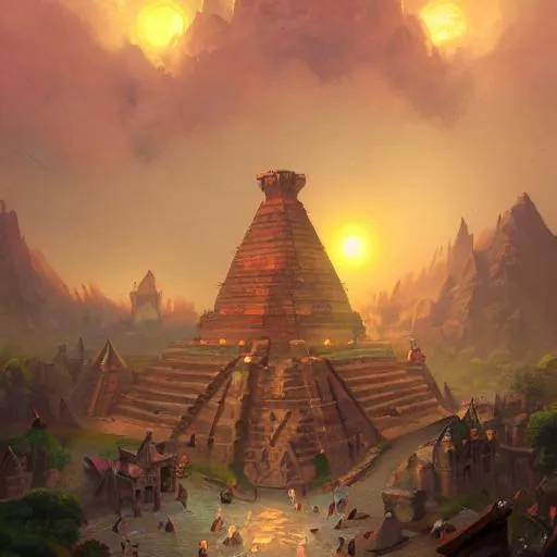 Prompt: aztec piramid,, by tyler edlin and lindsey look, victorian, steam romance, adventure, jonathan winterhart, detailed, 4k resolution, trending on artstation