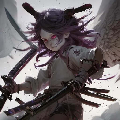 Prompt: a young demon (multi-color hair) (multi-color eyes)(she has rabbit ears) holding a katana, fighting, in a gunfight, bullets flying, fighting in a rural area, sad, (angel wings), lunging at the center, flying in the air

a masterpiece, 8k resolution, dark fantasy concept art, by Greg Rutkowski, dynamic lighting, hyperdetailed, intricately detailed, Splash screen art, trending on Artstation, deep color, Unreal Engine, volumetric lighting, Alphonse Mucha, Jordan Grimmer, purple and yellow complementary colours sinister by Greg Rutkowski