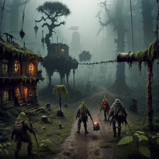 Prompt: dirty, eerie kobolds,  ragged cloak, belts and pouches, spear,  mossy, decaying, rusty and worn,  intricate detail,  show antennas and wires and circuits, old apocalyptic city wasteland overgrown by oppressive huge forest, vines, plants and roots growing, cracking through walls, 3d render,  high detail,