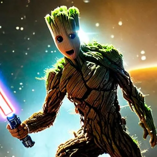 Prompt: Groot jeddi in space with lightsaber

