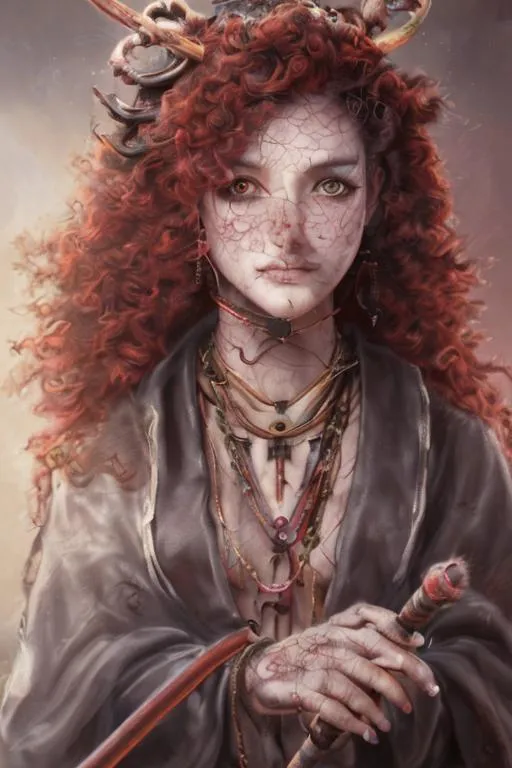 Prompt: UHD, hd , 8k, oil painting, fantasy, hyper realism, digital art  Very detailed, zoomed out view of character,  female anime devil priestess character  with red curly hair who is wielding a religious stick in her right hand, the stick facing forward, she is wearing a  priest´s habit ,a priest´s cap, and low heels.