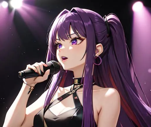 Prompt: Purple hair with red tips
Black dress
Chain earrings
At a mic 🎤 
