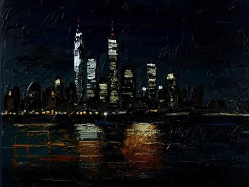 Prompt: Thick oil impasto York Skyline from 42nd Street Pier, thick oil impasto