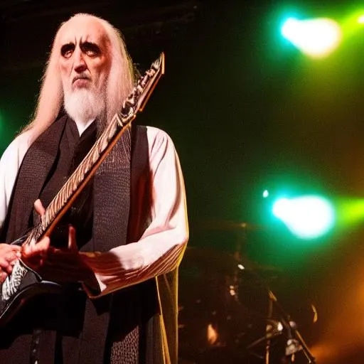 Prompt: saruman playing guitar in a rock band