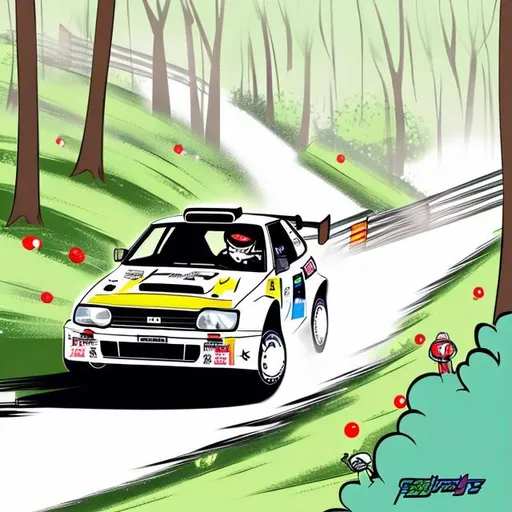 Prompt: Group b rally car sliding through a corner in the woods as crowds dive out of the way, anime, cell shaded, stylized, art, digital art