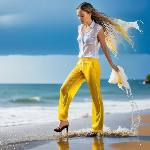 Prompt: photo of young woman, soaking wet clothes, high heels, yelow pants, white see through,  , wet long hair rinsing by a beach,   enjoying, water dripping from clothes, clothes stuck to body,  detailed textures of the wet fabric, wet face, wet plastered hair,  wet, drenched, professional, high-quality details, full body view.