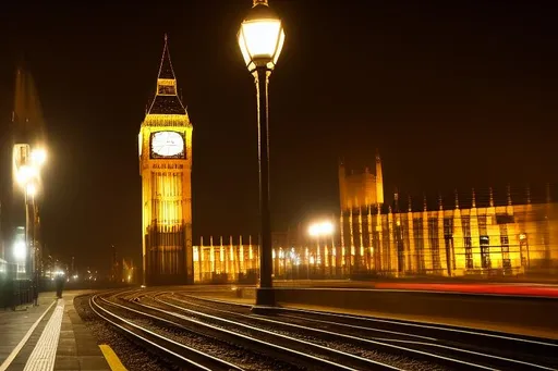 Prompt: A train running fast beside the Big Ben in London. There is also a bus stop with a long queue of passengers waiting for buses. Evening with city lights. Setting like in the movie Blade Runners.