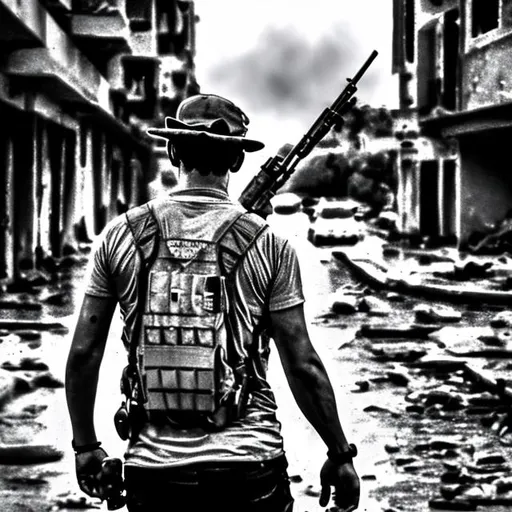 Prompt: One man, from back war journalist wearing civilian with journalist vest and helmet with digital camera at the place of action, in war zone.. epic gray background blood fire rain 