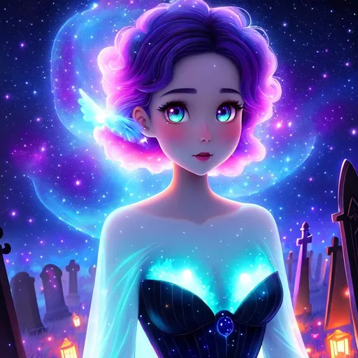 Prompt: Cute Pixar style painting, an adorable spirit woman, graveyard, midnight, translucent skin,  floating, nebula, galaxy, stars, fireflies, glowing eyes, glowing, Graves, cemetery, soft light, 4k, beautiful 