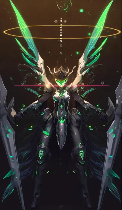 Prompt: female, long silver and green glowing hair, wearing black gloves, green and black scifi armor, ULTRAKILL Xenoblade 2 , conceptart , scifi sword, mechanical halo