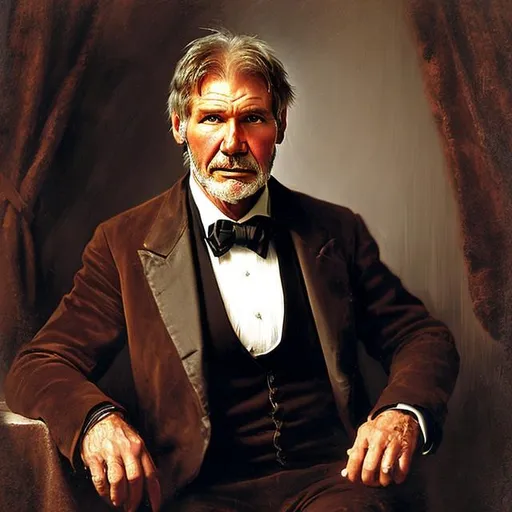 Prompt: Harrison Ford 1860's old man with biggest Beard ever piano player realistic oil paint