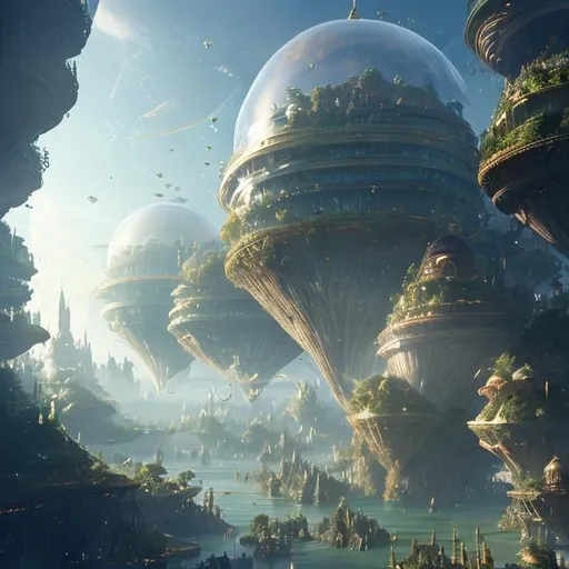 Prompt: Close caption of a fantasy world of floating cities protected by transparent glass domes.