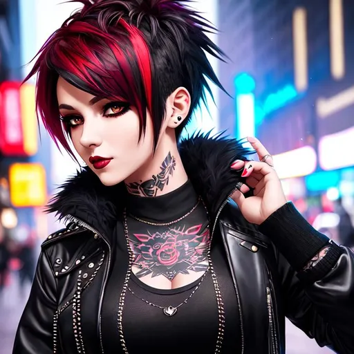 Prompt: portrait photo, 21 years old girl, short asymmetric punk hair cut, black messy hair with red highlights, gradient hair, black makeup, hazel eyes, long net mitten, black punk clothes, sleeve tattoos, cyberpunk 2077 city colorful street, vibrant aesthetic, heavenly beauty, 8k, 50mm, f/1. 4, high detail, sharp focus, cowboy shot, perfect anatomy, sunshine on her face, sunset, window side, highly detailed, detailed and high quality background, oil painting, digital painting, Trending on artstation , UHD, 128K, quality, Big Eyes, artgerm, highest quality stylized character concept masterpiece, award winning digital 3d, hyper-realistic, intricate, 128K, UHD, HDR, image of a gorgeous, beautiful, dirty, highly detailed face, hyper-realistic facial features, cinematic 3D volumetric, illustration by Marc Simonetti, Carne Griffiths, Conrad Roset, 3D anime girl, Full HD render + immense detail + dramatic lighting + well lit + fine | ultra - detailed realism, full body art, lighting, high - quality, engraved | highly detailed |digital painting, artstation, concept art, smooth, sharp focus, Nostalgic, concept art,