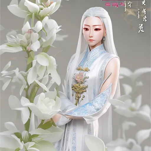 Prompt: Female Xianxia Cultivator about 23 years old with a kind demeanor, silver hair, beautifully proportioned, and a small smile