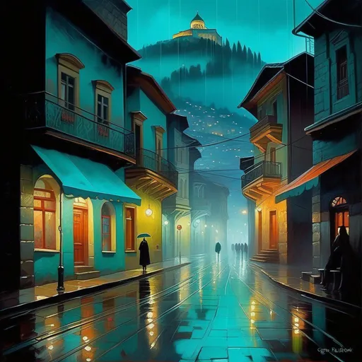 Prompt: Tbilisi at night, creepy, rain, fog, cold teal atmosphere, cartoony style, extremely detailed painting by Greg Rutkowski and by Henry Justice Ford and by Steve Henderson 

