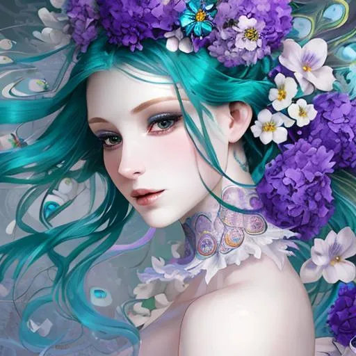 Prompt: dynamic composition of a pale skinned woman with hair of flowers and peacock plummage  of aqua and purpleornat,facial closeup