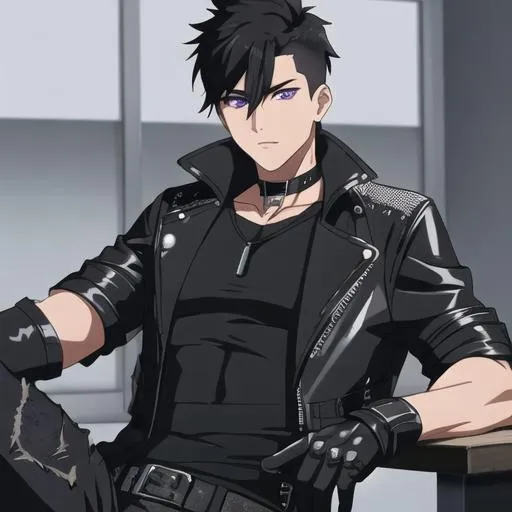 Prompt: Male (Short black hair falling between the eyes with an undercut,  purple eyes and a femine body) Leather jacket and a black shirt and ripped denim jeans, around his neck, black leather gloves. Highly detailed, 8K, Insane detail, best quality, UHD