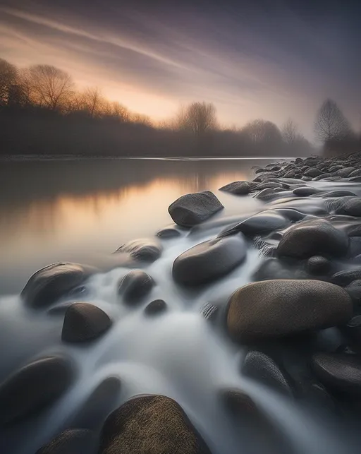 Prompt: Equipped with a neutral density filter, the photographer captures a serene scene of a river, its waters appearing smooth as silk, while the sky carries an ethereal charm during a long exposure.