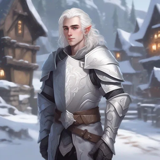 Prompt: DND a cute pale male elf with medium length wavy white hair and pale blue eyes wearing plate armor in a snowy village cute