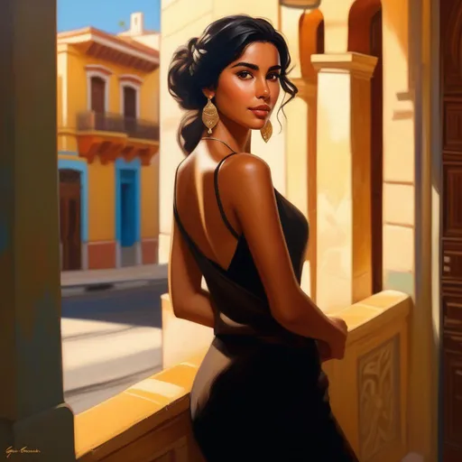 Prompt: Third person, gameplay, Cuban girl, tan skin, black hair, brown eyes, Havana, golden atmosphere, cartoony style, extremely detailed painting by Greg Rutkowski and by Henry Justice Ford and by Steve Henderson 