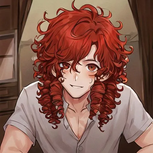Prompt: male, red curly hair, freckles, brown eyes