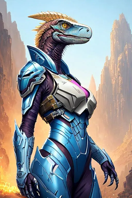 Prompt: Poster art, high-quality high-detail highly-detailed breathtaking hero ((by Aleksi Briclot and Stanley Artgerm Lau)) - ((a velociraptor raptor)), female,  full form detailed raptor mech suit, 8k ivory and baby blue helmet, highly detailed raptor head helmet, add some magenta, glowing chest emblem ,carbon fibre helmet, raptor mech armor, raptor dinosaur, detailed scales, detailed ivory mech suit, full body, black futuristic mech armor, wearing mech armour suit, 8k,  full form, detailed forest wilderness setting, full form, epic, 8k HD, ice, sharp focus, ultra realistic clarity. Hyper realistic, Detailed face, portrait, realistic, close to perfection, more black in the armour, 
wearing blue and black cape, wearing carbon black cloak with yellow, full body, high quality cell shaded illustration, ((full body)), dynamic pose, perfect anatomy, centered, freedom, soul, Black short hair, approach to perfection, cell shading, 8k , cinematic dramatic atmosphere, watercolor painting, global illumination, detailed and intricate environment, artstation, concept art, fluid and sharp focus, volumetric lighting, cinematic lighting, 
