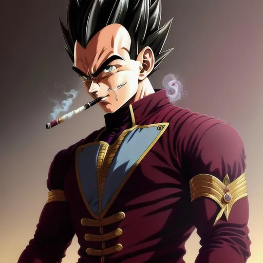 Prompt: vegeta in a maroon business suit smoking  cigarettes,  & d, fantasy, intricate, elegant, highly detailed, digital painting, artstation, concept art, smooth, sharp focus, portrait, face close up art by artgerm and greg rutkowski and alphonse mucha