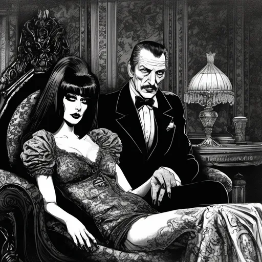 Prompt: (Elvira Mistress of the Dark lying on her side on a Chaise Lounge with Vincent Price Standing next to her), Black and White pen and ink style, dark color scheme, elegantly gothic attire, intricate details, dim lighting, dramatic shadows, opulent background, luxurious textures, ornate furniture, deep reds and blacks, baroque patterns, solemn atmosphere, rich color tones, dark romanticism, ultra-detailed, 4K, photorealistic masterpiece, timeless elegance.