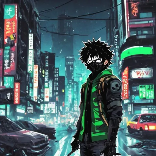 Prompt:  Accurate masked vigilante deku. Very Dark image with lots of shadows. Neon green accents. Background partially destroyed neo Tokyo. Noir anime. Tattered clothes. Tired. Evil