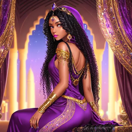 Prompt: mystery beautiful black curly long hair girl, sitting in arabian palace, highly detailed light yellow eyes, tanned skin, purple lips, light purple silk hooded dress with garnet ornament, looking from behind, back visible, at night, colorful milky way, light yellow diamond dust, cozy, moonlight, hyper detailed, super detailed, hyper realistic, realistic art, 8k