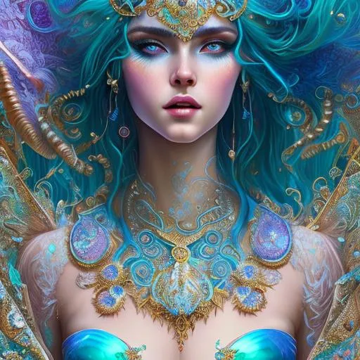 Prompt: Intricately detailed front facing elaborate beautiful ocean mermaid goddess glossy intricate glistening skin face bright eyes prismatic jelly blue green clear dress long hair hyperdetailed painting by Ismail_Inceoglu Tom Bagshaw Dan Witz CGSociety ZBrush Central fantasy art 4K, bubbles in background digital painting, digital illustration, extreme detail, digital art, ultra hd, vintage photography, beautiful, tumblr aesthetic, retro vintage style, hd photography, hyperrealism, extreme long shot, telephoto lens, motion blur, wide angle lens, deep depth of field, warm, anime Character Portrait, Symmetrical, Soft Lighting, Reflective Eyes, Pixar Render, Unreal Engine Cinematic Smooth, Intricate Detail, anime Character Design, Unreal Engine, Beautiful, Tumblr Aesthetic,  Hd Photography, Hyperrealism, Beautiful Watercolor Painting, Realistic, Detailed, Painting By Olga Shvartsur, Svetlana Novikova, Fine Art