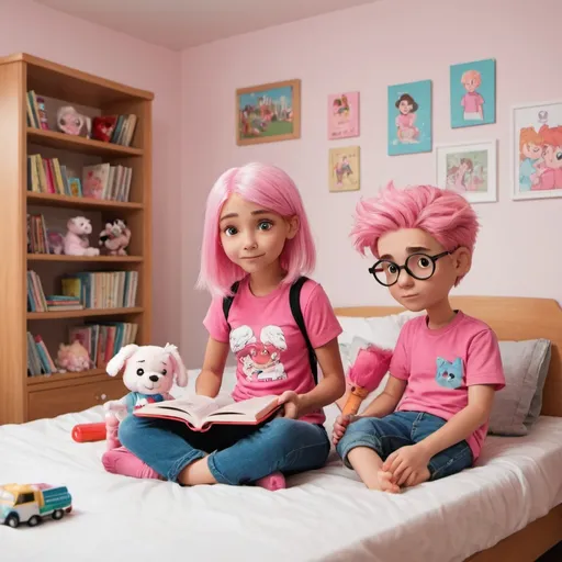 Prompt: There are two cartoon people in the picture. One girl with pink and white hair and a pink shirt. There is also a boy who is smaller. They are sitting in a bedroom with books and toys.