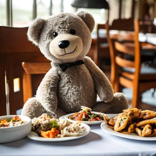 Prompt: a teddy sitting on a chair at a table of food near a helicopter